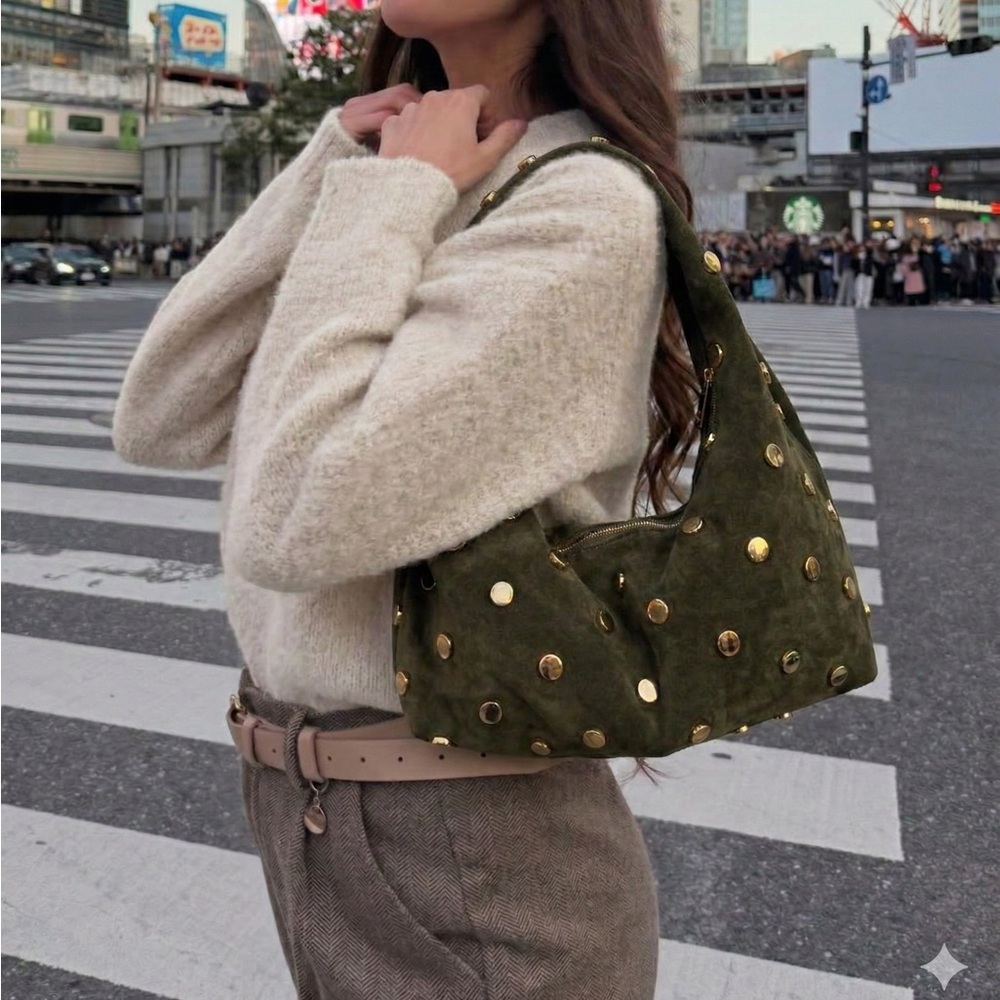 Made in Italy  Olive Green Hobo Shoulder Bag in Genuine Suede Leather -